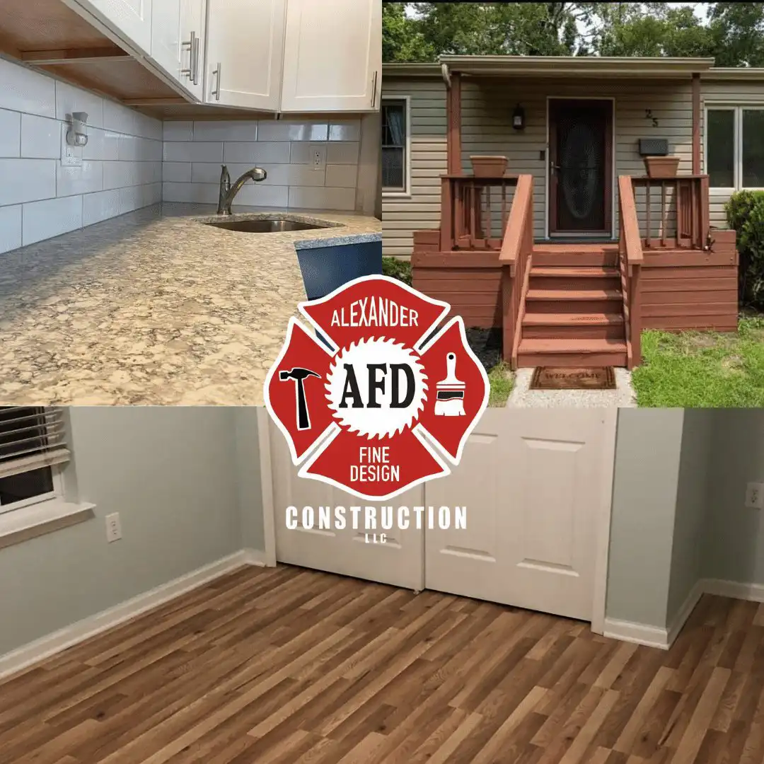 Alexander Fine Design Construction Image - new kitchen counters, new deck, and new hardwood floors with AFD logo